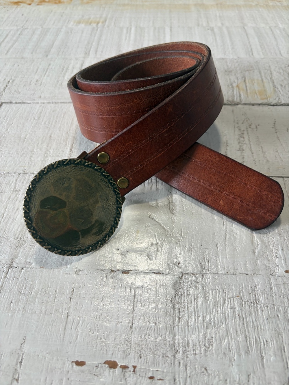 J.Crew size Medium Brown Italian Leather Belt Round Hammered Brass Buckle